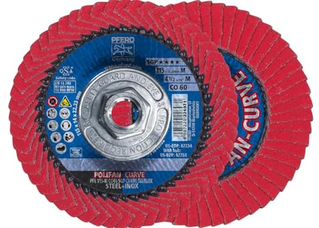 PFERD 67258 POLIFAN®-Curve Radial Type Flap Disc - Ceramic Oxide, 4-1/2 Diameter, 5/8-11 Thread, 13300 RPM, 60 Grit Welding Accessory and Angle Grinder Attachment