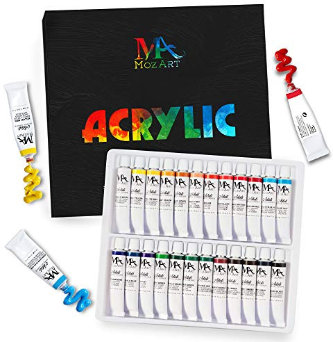 MozArt Supplies Acrylic Paints Set of 24 Colours (12 ml, 0.40 Oz) for Canvas, Wood, Ceramic, Fabric, Paper - Rich Pigments for Artists, Students and Beginners - Non-Toxic & Non Fading