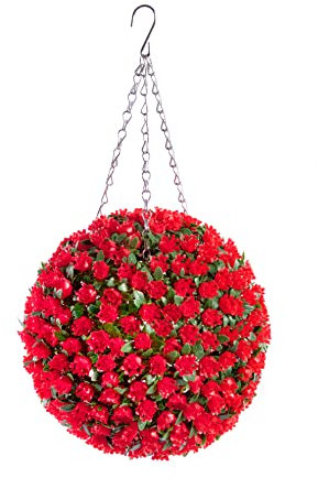 Best Artificial 28cm Red Rose Topiary Hanging Flower Ball **UV Fade Protected**