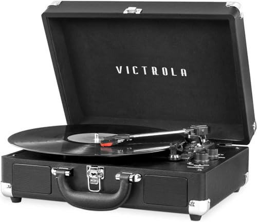 Victrola Tocadiscos portátil Vintage de Maleta con Bluetooth de 3 velocidades con Altavoces Integrados, Sonido de Audio Mejorado para Tocadiscos, Negro, número de Modelo: VSC-550BT-BLK