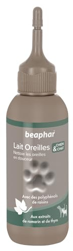 BEAPHAR – Lait nettoyant premium pour les oreilles du chien et du chat – Aux polyphénols de raisin, aux extraits de Romarin & de Thym – Nettoie en douceur les oreilles & élimine les impuretés – 125 ml