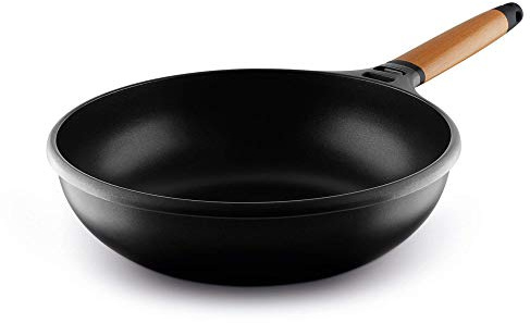 CASTEY - Sartén Wok de Inducción, 28 cm, con Mango de Madera de Cedro, Antiadherente, Distribuye el Calor de Forma Homogénea, Ligera y Cómoda, Fácil de Limpiar, Apta para Todas las Cocinas