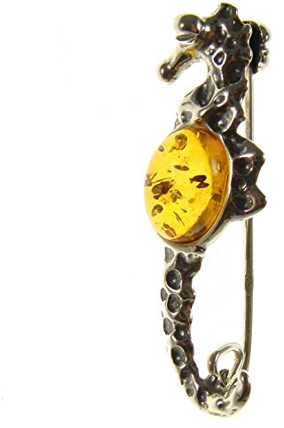 Baltic amber and sterling silver 925 cognac seahorse brooch pin