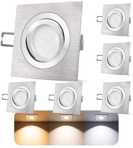 SSC-LUXon 6er Set LED Decken Einbaustrahler flach dimmbar 30mm - 3 Lichtfarben einstellbar - QF-2 eckig Alu gebürstet 230V 6W