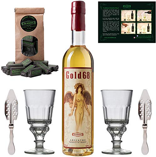 Absinth Set Gold68 von ALANDIA | Das Original ohne Anis | 2x Gläser | 2x Löffel | 1x Zuckerwürfel | 68% | (1x 0.5 l)