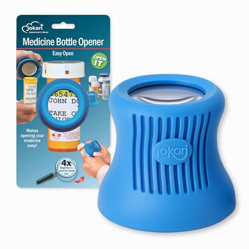Jokari Easy Open Medicine Bottle Opener with 4x Magnifier for Seniors and Arthritis Built-in Cap Grip Tool for Pill Bottles Prescription Labels Vitamins and Supplements