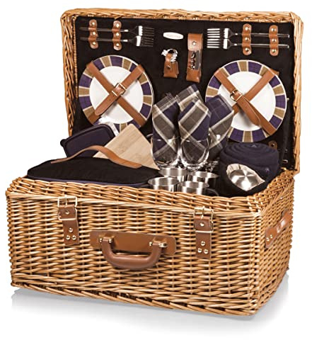 PICNIC TIME - Windsor Luxury Picnic Basket for 4 - Large Wicker Picnic Basket - Deluxe Picnic Set 4, (Navy Blue)
