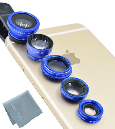 Elfenstall 5 in 1 Clip-On Kamera Adapter Optische Weitwinkelobjektiv FishEye Fischauge Objektiv Linse & Micro Objektiv Linsen - Fischaugenobjektiv + Weitwinkel + Mikroobjektiv + 2X EXT Barlow + CPL Polfilter Smartphone Handy Tablet - Universal Linsen Clip (blau)