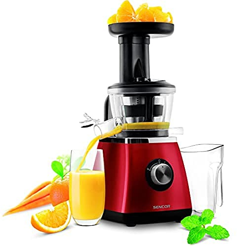 SENCOR SSJ 4042RD långsam roterande juicepress för frukt/grönsaksjuice (400 watt, slow juicer, snigelpress, juicebehållare med en kapacitet på 0,8 l) röd