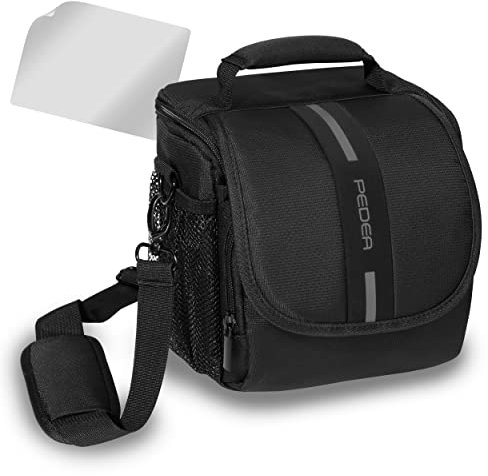 PEDEA DSLR-Kameratasche Essex mit Displayschutzfolie für Canon EOS 5D 5D Mark II 400D 2000D / Nikon D60 D80 D90 D3100 D3200 D3300 D3400 D5300 D7100 / Pentax K 30 K 50 K 500, Gr. M schwarz/grau