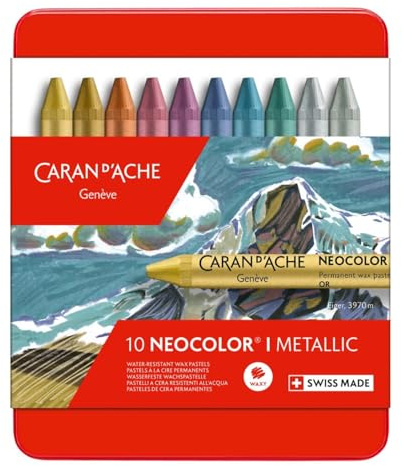 Caran d'Ache Metalldose mit 10 Wachspastellkreiden, verschiedene Metallic-Farben, Einheitsgröße (10er Pack)