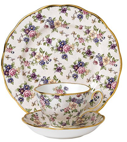 Royal Albert 40017568 100 Years 1940 English Chintz Teacup, Saucer, Plate 20cm, 3 Piece Set, White, Bone China