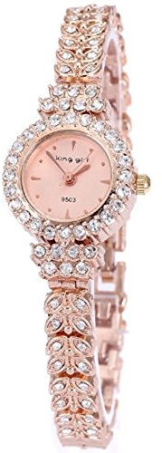 Gullor King Girl Royal Rose Gold Bracelet Watch Women Full Crystal Diamonds for Ladies Quartz- Pink Dial