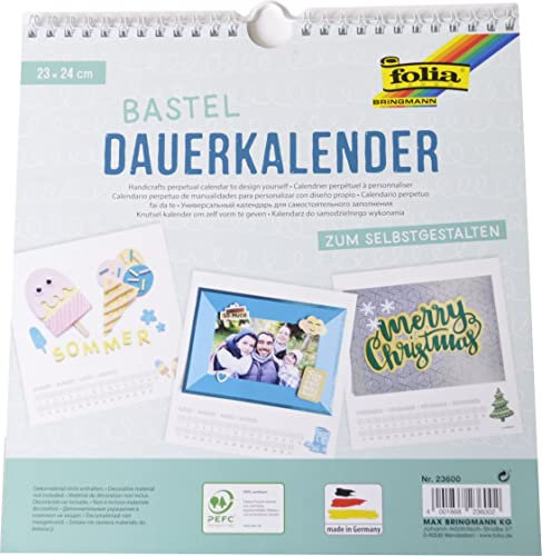 folia 23600 - Dauerkalender, Bastelkalender, mit Spiralbindung, 23 x 24 cm, weiß, für Bilder und Fotos bis max. 13 x 18 cm