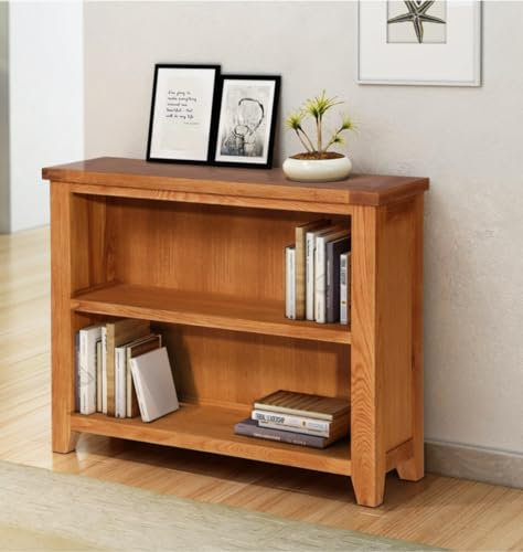 Hallowood Furniture Cotswold Oak Low Wide Bookcase with 1 Fixed Shelf, Solid Oak Book Case Unit, Wooden Bookshelf, Fully Assembled Low Storage Unit for Bedroom, Home Office, Living Room