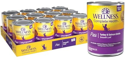 Wellness Complete Health Pate Adult Canned Wet Cat Food, Natural, Protein Rich, Grain Free, Turkey and Salmon Entrée Recipe, 12.5 oz, Pack of 12 Cans