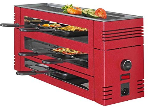 Spring PIZZA RACLETTE 6 Personen, rot, Raclette mit Pizzafunktion, 6 Raclette Pfännchen & Raclette Schaber, Abstellebene, Tischgrill elektrisch, 46 × 16 × 21,5 cm, 1100W, Raclette Grill