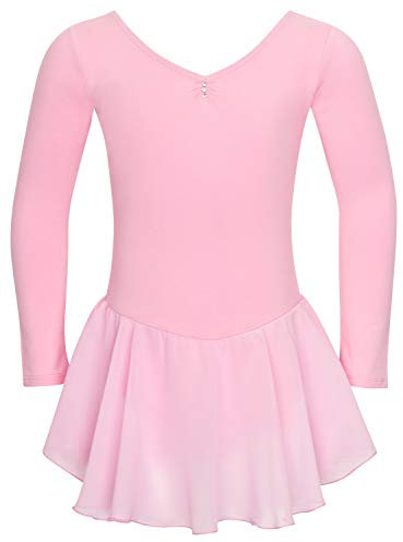 tanzmuster ® Ballettkleid Mädchen Langarm - Anna - aus weichem Baumwollstoff mit Glitzersteinen und Chiffon Röckchen fürs Kinder Ballett Ballettbodyin rosa, Größe:164/170