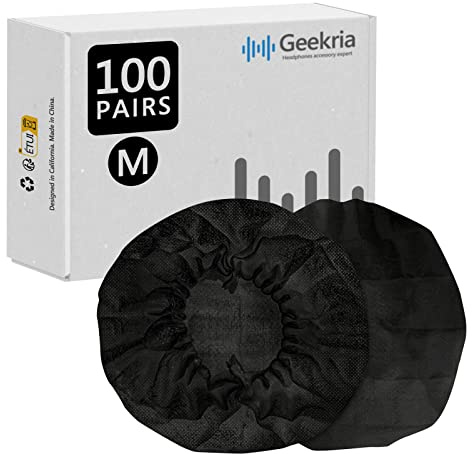 Geekria 100 par engångshörlursskydd för över örat och MRI headset, töjbara sanitära öronkuddar, hygieniska öronkåpor kuddfodral (M, svart)