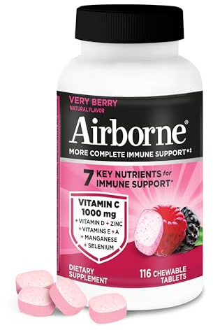 Airborne Vitamin C 1000mg (per Serving) - Very Berry Chewable Tablets (116 Count in a Bottle), Gluten-Free Immune Support Supplement, with Vitamins A C E, Zinc, Selenium, Ginger, Antioxidants