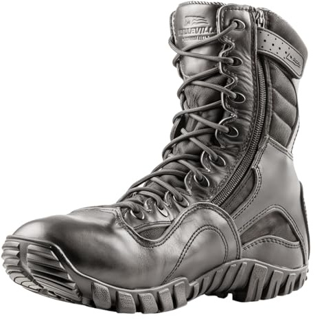 Belleville 8-Inch Side-Zip Tactical Boot - EVA Work Boots - High-Traction Military Footwear - Quick On/Off Entry - Cattlehide Leather Boots - Curved Side Zip - Black - 10.5