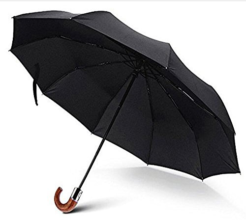 SpyShop Compact Unisex Classic Auto Open Wind-Resistant Travel Umbrella Folding Anti-UV Outdoor Business Automatic -Curved Wood Handle Umbrella-Black