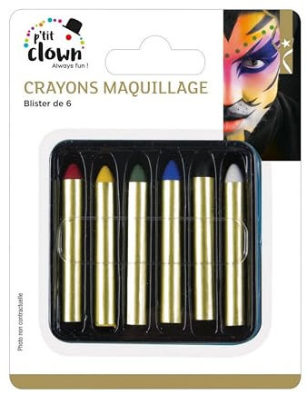 P'TIT CLOWN - 90470 - Lot de 6 Crayons Gras Maquillage Visage - Make-up - Enfant - Adulte - Peinture Corporelle - Lavable - Non Toxique - Halloween, Carnaval, Anniversaire, Cosplay, Kermesse, Festif