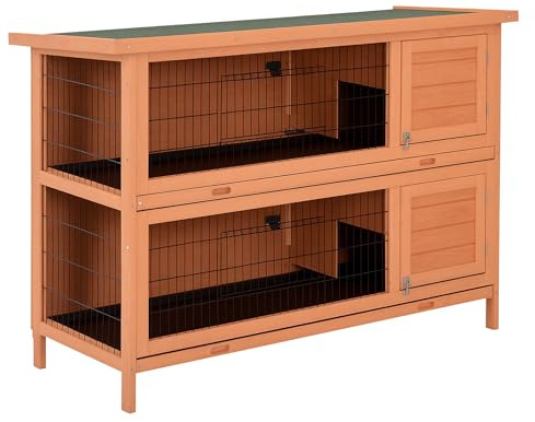 PawHut 54 2-Story Large Rabbit Hutch Bunny Cage Wooden Pet House Small Animal Habitat with Lockable Doors, No Leak Tray and waterproof Roof for Outdoor/Indoor Orange