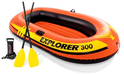 INTEX 58332EP Explorer 300 Inflatable Boat Set: Includes Deluxe Boat Oars and Mini Hand Pump – Dual Air Chambers – Grab Rope – 3-Person – 410lb Weight Capacity