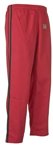 Ju-Sports Arnis-Hose Rot mit 2 Schwarzen Streifen I Leichte Arnishose mit Gummitbund, Zusatzschnürung & Knieverstärkung I Auch für Sportarten wie Karate UVM. I Größe 160