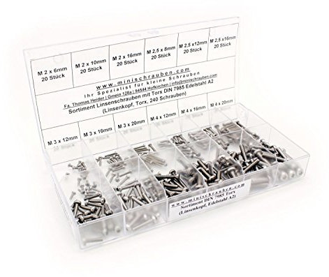Sortimentskasten mit 240 Stück kleinen Linsenkopfschrauben nach DIN 7985-TX aus Edelstahl A2 (M2, M2,5, M3 und M4), TX, Linsenkopf. Minischrauben Sortiment inkl. beschrifteter Box