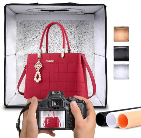 NK Caja de Luz Estudio Fotográfico Plegable (50x50cm) - 144 Leds, 3 temperaturas de Luz, Brillo Ajustable x10, RA90, Productos pequeños Joyas, Asa para Transporte (3 Fondos de Colores)