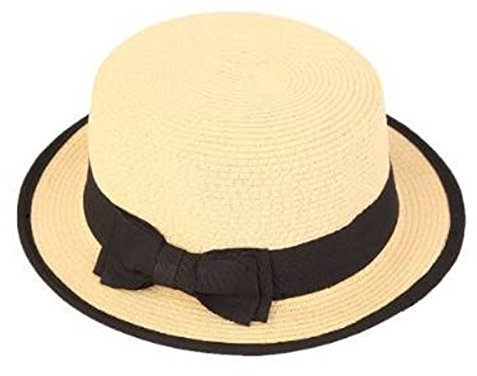 Hawkins Ladies Natural Straw Boater (57cm Medium) with Black Band and Trim