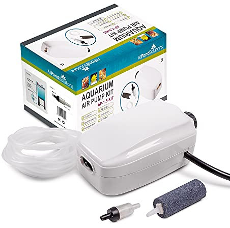 AllPondSolutions Aquarium Air Pump For Fish Tank Coldwater or Tropical up to 90 Litres - Single Outlet - Ultra Quiet Oxygen Pump - Includes Airline Non-Return Valve and Air Stone - Complete Kit