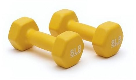 Amazon Basics Neoprene Hexagon Shape Dumbbell Hand Weights, Prevents Rolling Away, 8 Pounds, Pair, Yellow