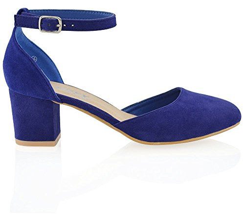 ESSEX GLAM Womens Low Mid Block Heel Ankle Strap Buckle Ladies Sandals Court Shoes Size 3-8 Navy Faux Suede