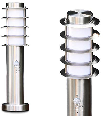 Außenleuchte Tunes mit Bewegungsmelder, moderne Sockelleuchte aus Edelstahl und Kunststoff-Scheiben, Wegeleuchte 45 cm, Gartenlampe mit E27-Fassung, Gartenbeleuchtung IP44, ohne Leuchtmittel