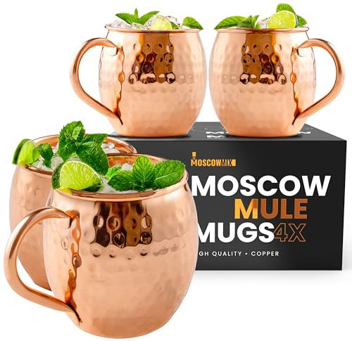 Moscow-Mix Moscow Mule Becher – Gehämmerte Kupferbecher mit Strohhalmen – Handgemachtes Moscow-Mule-Set [4 Stück] –Rein Kupfer Becher für Moscow Mule