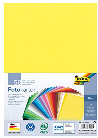 folia 614/50 09 - Fotokarton Mix, DIN A4, 300 g/m², 50 Blatt, sortiert in 10 Farben, zum Basteln und kreativen Gestalten von Karten, Fensterbildern und für Scrapbooking, bunt
