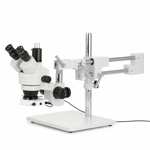 AmScope SM-4TZ-80S Professional Trinocular Stereo Zoom Microscope, WH10x Eyepieces, 3.5X-90X Magnification, 0.7X-4.5X Zoom Objective, 80-Bulb LED Ring Light, Double-Arm Boom Stand, Includes 0.5X and 2.0X Barlow Lens