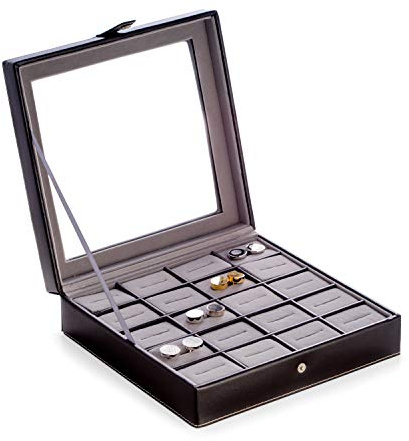 Bey-Berk 20-Slot Genuine Leather Cufflink Box with Glass Top (Black), Snap Closure and Velour Lining, Storage Case for Cufflinks and Dress Accessories