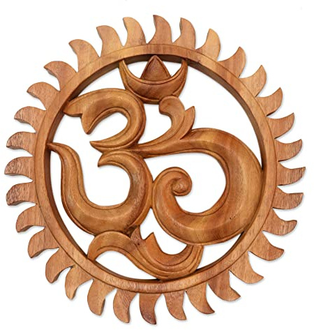NOVICA Brown Hand Crafted Suar Wood Relief Panel, 'Sunny Om'