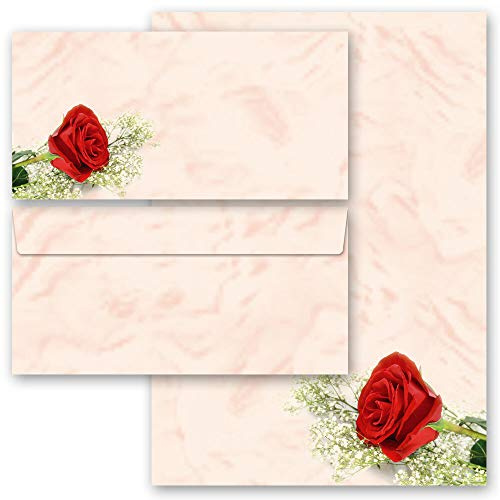 Motivo-set di cancelleria Motivo rosa Fiori & Petali, Amore & Matrimonio, ROSA ROSSA 50 fogli di carta da lettera e 50 buste DIN LANG (senza finestra) | Paper-Media