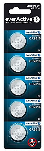 EverActive CR2016 3 V, 5 batterie a bottone al litio, batteria più potente, durata 10 anni, confezione da 5, 1 confezione blister