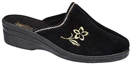 Ladies Fleece Helen Comfort Warm Velour House Slip On Wedge Mules Slippers Shoe Black 7 UK