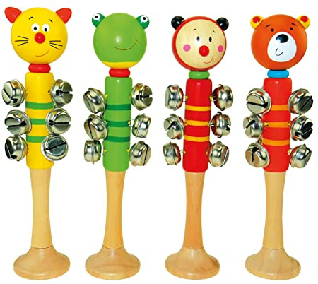 Bino Shaker bébé 9086586-9 grelots - Tête d'animal - Instrument de Musique Rythmique pour Enfants à partir de 36 Mois - Hochet 20,5 cm de Long - Multicolore