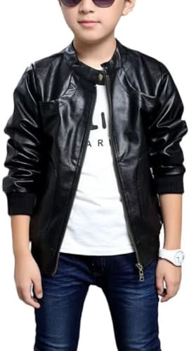 Chinaface Boy's Trendy Stand-Collar PU Leather Spring Moto Jacket Black X-Small