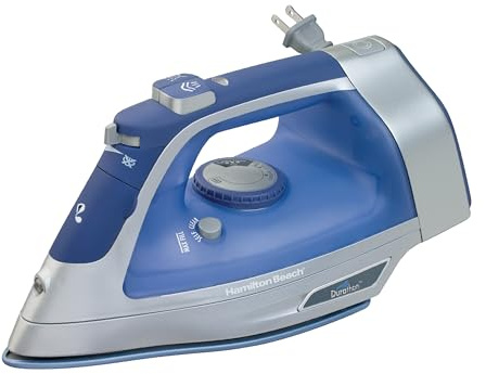 Hamilton Beach Steam Iron & Vertical Steamer for Clothes with Scratch-Resistant Durathon Soleplate, 8' Retractable Cord, 3-Way Auto Shutoff, Anti-Drip, 1500 Watts, Blue