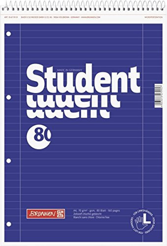 BRUNNEN Collegeblock Student Spirale oben | A4, Lineatur 27, 80 Blatt, blau
