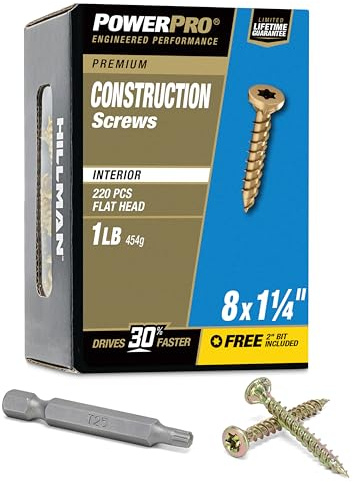 Power Pro 48578 Interior Wood Screws, #8 x 1-1/4, Epoxy Coated, Torx/Star Drive Included, Coarse Thread, Decking Screws, Outdoor Rust Resistant, Gold, 242pcs